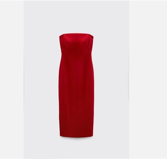 Zara strapless midi dress with a slit Bright Red - Picture 2 of 8